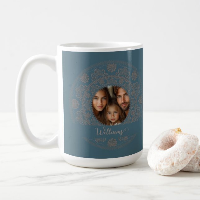 Personalized Family Portrait Gold Rococo Mandala Coffee Mug (With Donut)