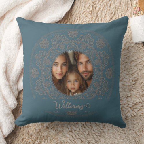 Personalized Family Portrait Gold Rococo Mandala Throw Pillow