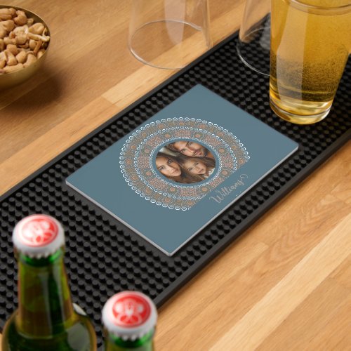 Personalized Family Portrait Teal and Gold Mandala Bar Mat