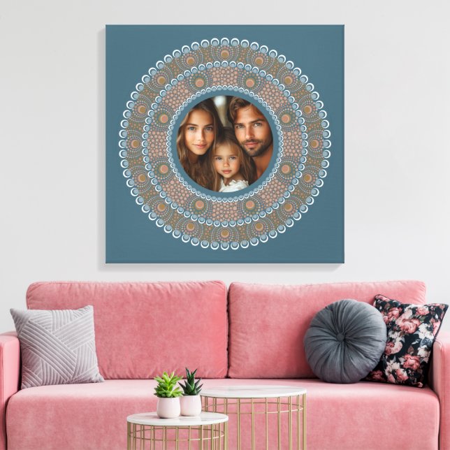 Personalized Family Portrait Teal and Gold Mandala Canvas Print (Insitu(LivingRoom))