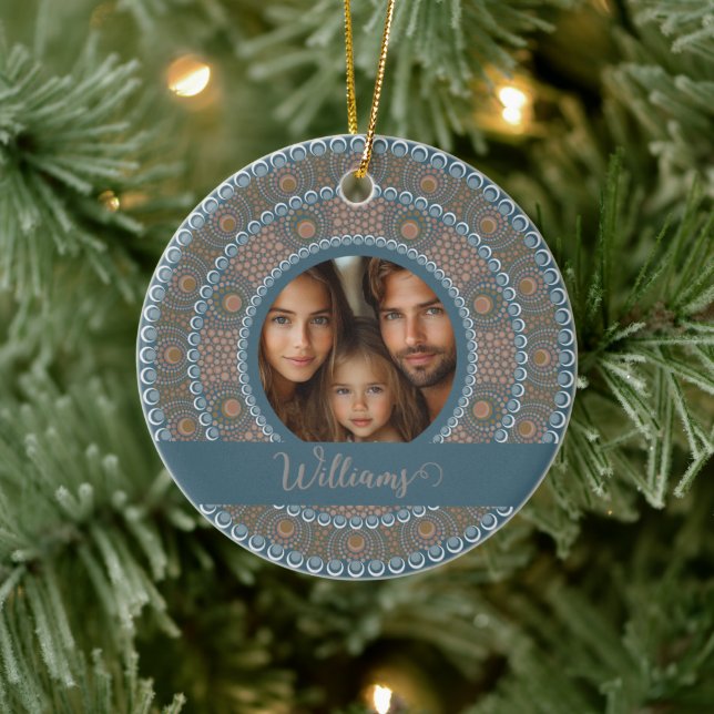 Personalized Family Portrait Teal and Gold Mandala Ceramic Ornament (Tree)