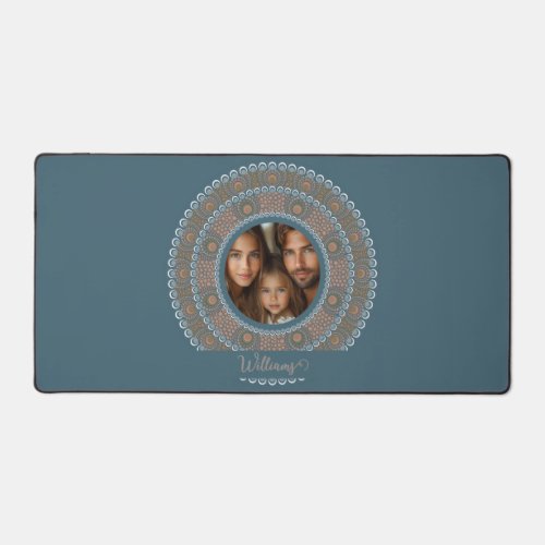 Personalized Family Portrait Teal and Gold Mandala Desk Mat
