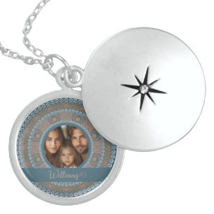 Personalized Family Portrait Teal and Gold Mandala Locket Necklace