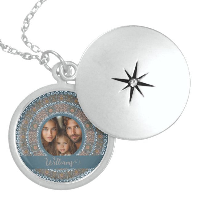 Personalized Family Portrait Teal and Gold Mandala Locket Necklace (Front)