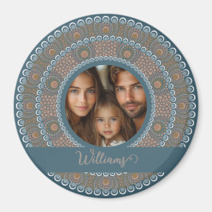 Personalized Family Portrait Teal and Gold Mandala Magnet