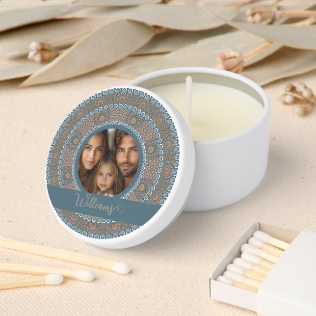 Personalized Family Portrait Teal and Gold Mandala Mini Candle Favors (Insitu)