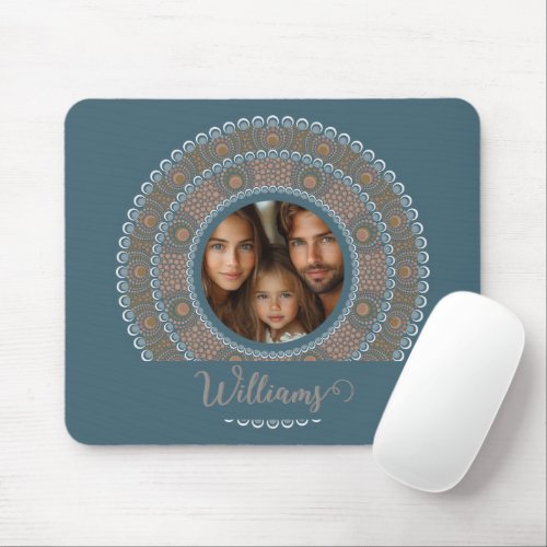Personalized Family Portrait Teal and Gold Mandala Mouse Pad