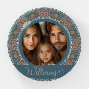 Personalized Family Portrait Teal and Gold Mandala Paperweight