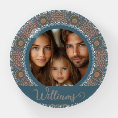 Personalized Family Portrait Teal and Gold Mandala Paperweight