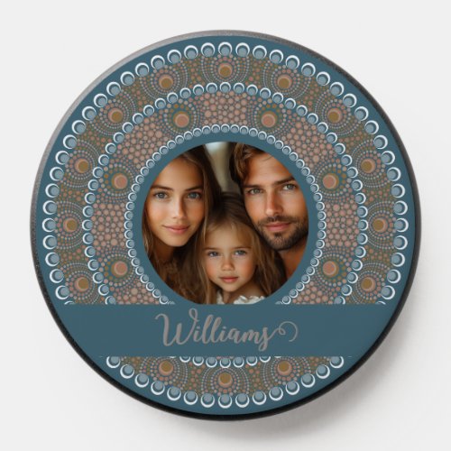 Personalized Family Portrait Teal and Gold Mandala PopSocket