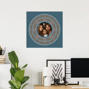 Personalized Family Portrait Teal and Gold Mandala Poster