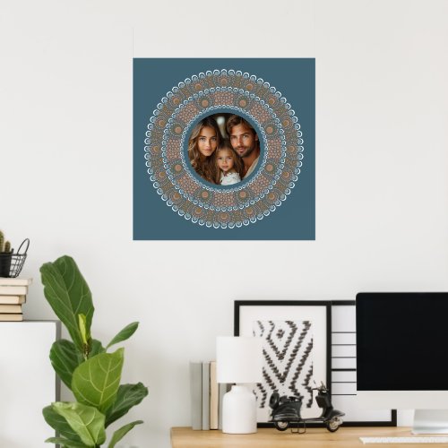 Personalized Family Portrait Teal and Gold Mandala Poster