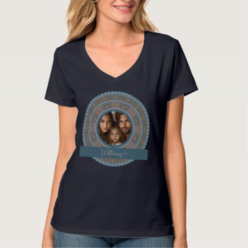 Personalized Family Portrait Teal and Gold Mandala T-Shirt