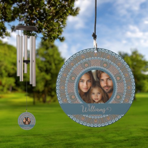 Personalized Family Portrait Teal and Gold Mandala Wind Chime
