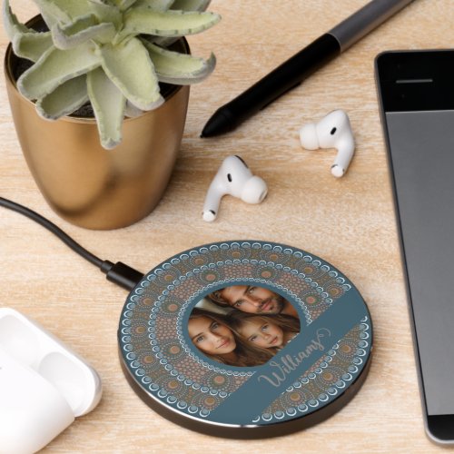Personalized Family Portrait Teal and Gold Mandala Wireless Charger