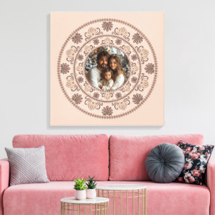 Personalized Family Portrait Warm Neutrals Mandala Canvas Print
