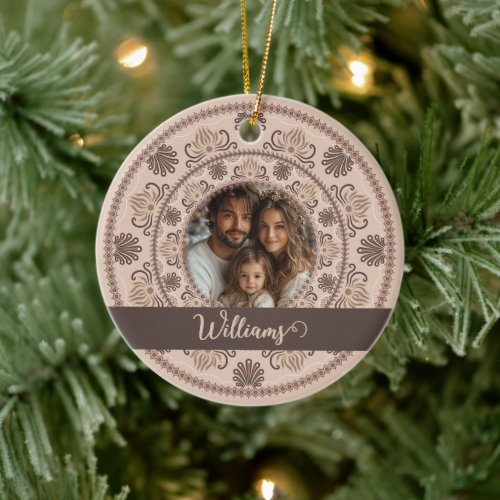 Personalized Family Portrait Warm Neutrals Mandala Ceramic Ornament