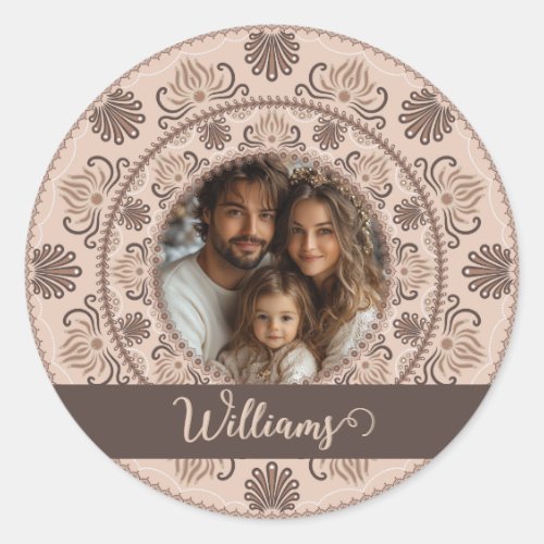 Personalized Family Portrait Warm Neutrals Mandala Classic Round Sticker