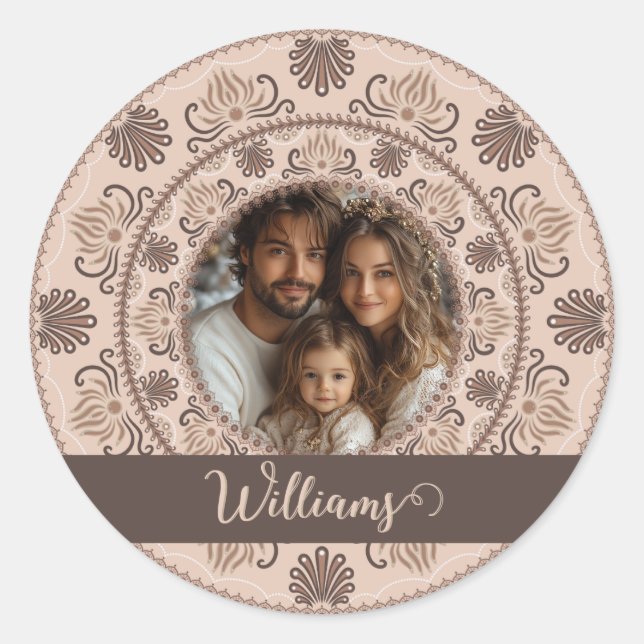 Personalized Family Portrait Warm Neutrals Mandala Classic Round Sticker (Front)
