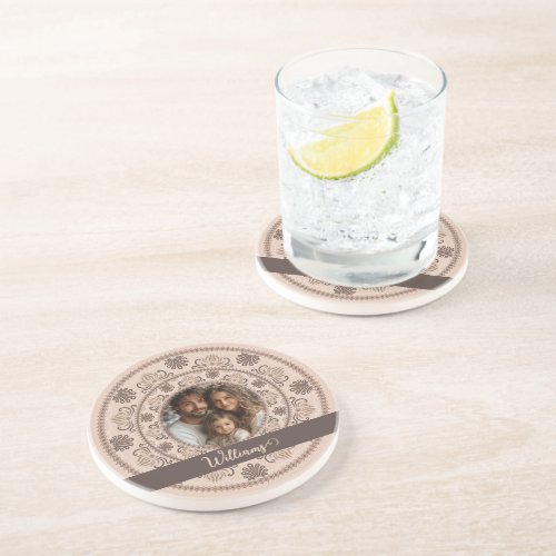 Personalized Family Portrait Warm Neutrals Mandala Coaster
