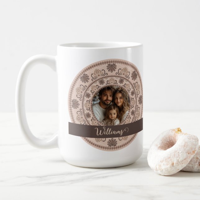 Personalized Family Portrait Warm Neutrals Mandala Coffee Mug (With Donut)