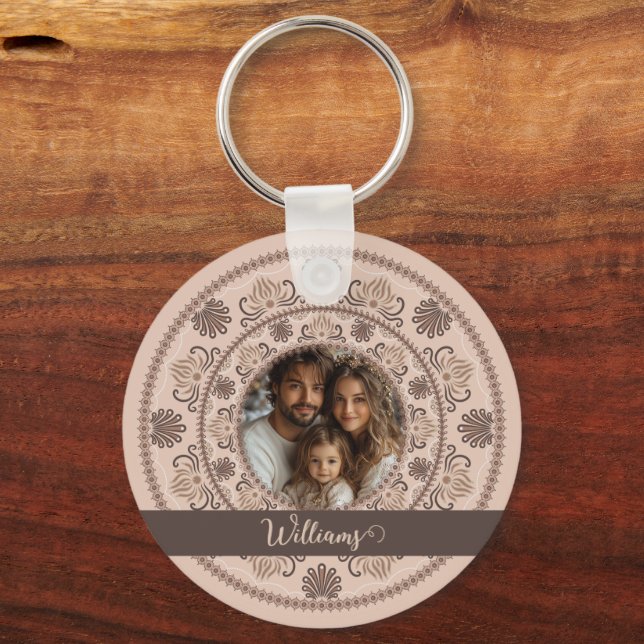 Personalized Family Portrait Warm Neutrals Mandala Keychain (Front)