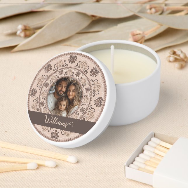 Personalized Family Portrait Warm Neutrals Mandala Mini Candle Favors (Insitu)