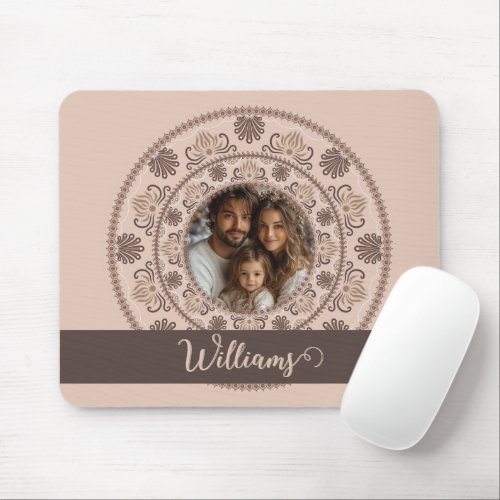 Personalized Family Portrait Warm Neutrals Mandala Mouse Pad
