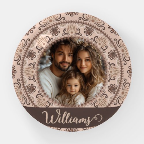 Personalized Family Portrait Warm Neutrals Mandala Paperweight