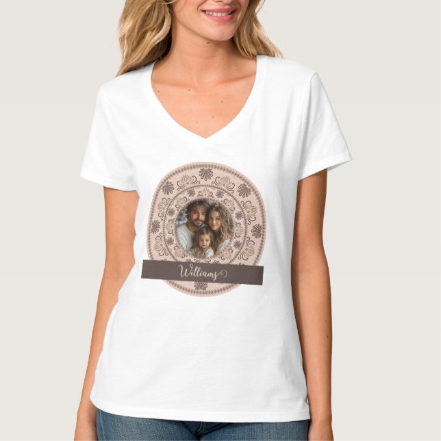 Personalized Family Portrait Warm Neutrals Mandala T-Shirt (Front)