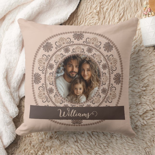 Personalized Family Portrait Warm Neutrals Mandala Throw Pillow (Blanket)