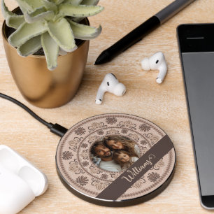 Personalized Family Portrait Warm Neutrals Mandala Wireless Charger