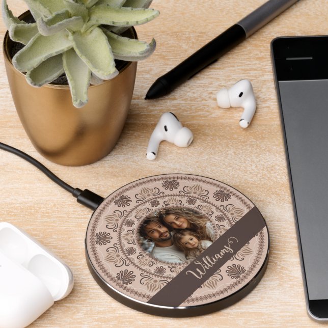 Personalized Family Portrait Warm Neutrals Mandala Wireless Charger (Desk 2)