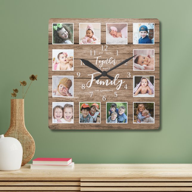 Personalized Family Quote 12 Photo Collage  Wood Square Wall Clock (Creator Uploaded)