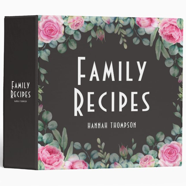 Personalized Family Recipe Chic Pink Floral 3 Ring Binder (Front/Spine)