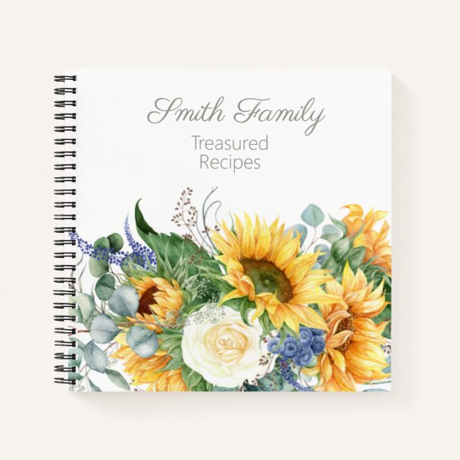 Personalized Family Recipes Cookbook Sunflowers Notebook (Front)