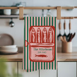 Personalized Family Retro Sardine Tin Stripes Kitchen Towel<br><div class="desc">A quirky coastal classic—this sardine tin design features bold green and pink stripes with vintage-inspired red detailing. Perfect for beach houses,  coastal kitchens,  or anyone who loves nautical humor with a retro twist. Personalize with your family name and date for a fun,  sea-loving keepsake.</div>