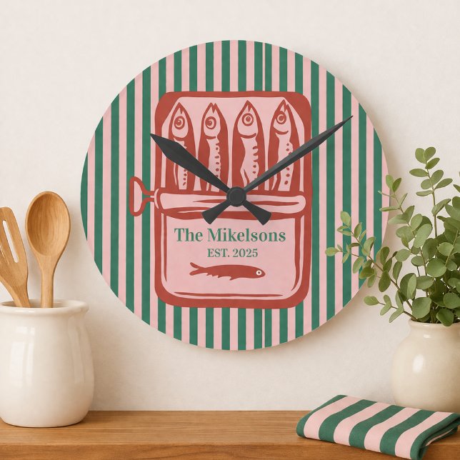 Personalized Family Retro Sardine Tin Stripes Round Clock (Creator Uploaded)
