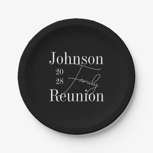 Personalized Family Reunion Black and White Party Paper Plates (Front)
