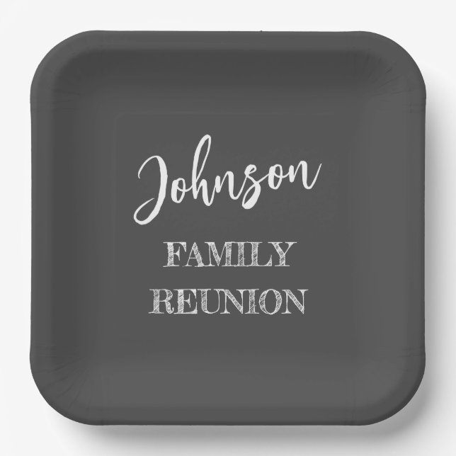 Personalized Family Reunion Charcoal Gray Paper Plates (Front)