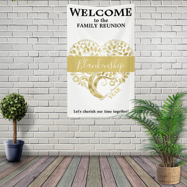 Personalized Family Reunion Gold Heart Tree White Banner (Creator Uploaded)