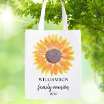 Personalized Family Reunion  Grocery Bag<br><div class="desc">This Family Reunion reusable grocery bag is decorated with a yellow watercolor sunflower.
Easily customizable. 
Use the Customize Further option to change the text size,  style,  or color.
Because we create our artwork you won't find this exact image from other designers. 
Original Watercolor © Michele Davies.</div>