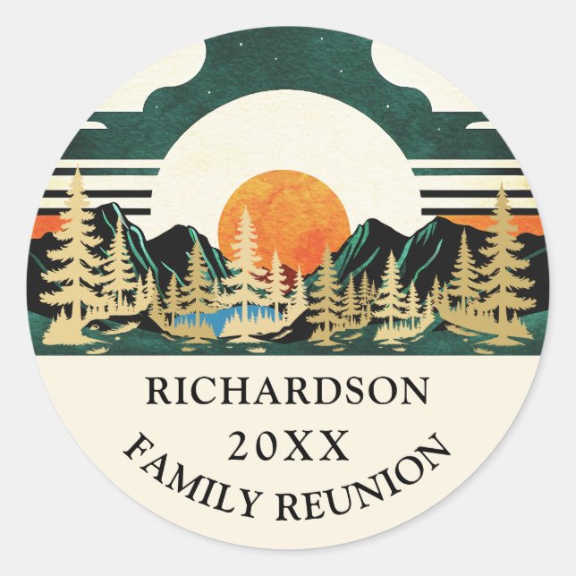 Personalized Family Reunion Outdoor Retro Sunset Classic Round Sticker (Front)