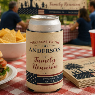 Personalized Family Reunion Rustic Patriotic Seltzer Can Cooler