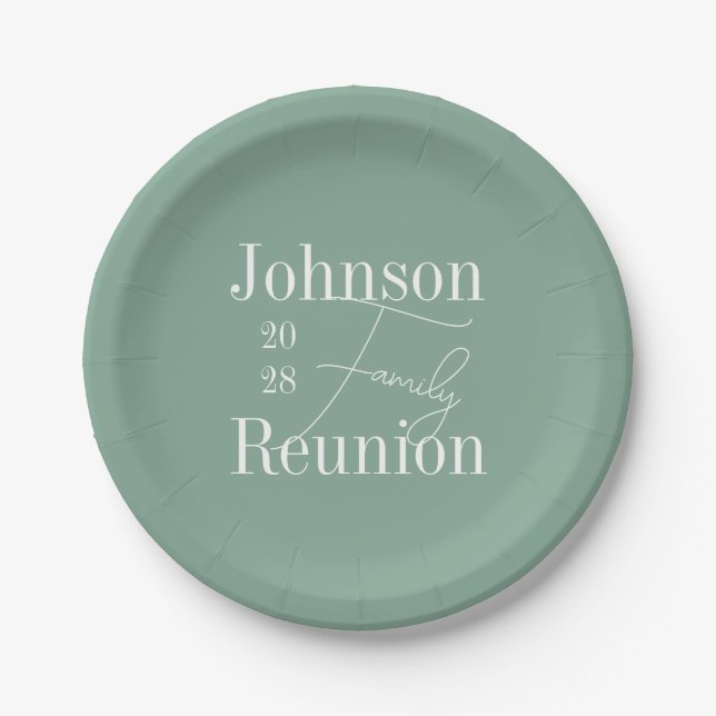 Personalized Family Reunion Sage Green Party Paper Plates (Front)