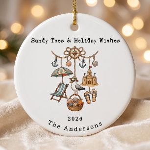 Personalized Family Sandy Toes & Holiday Wishes Ceramic Ornament