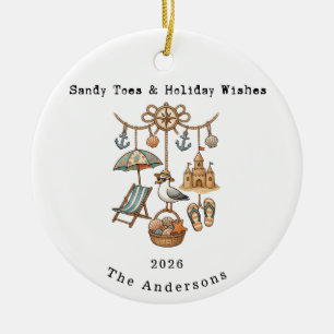 Personalized Family Sandy Toes & Holiday Wishes Ceramic Ornament