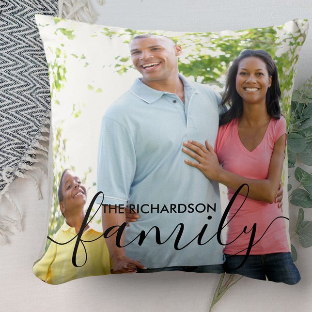 Personalized Family Script Black Overlay 2 Photo Throw Pillow (Creator Uploaded)