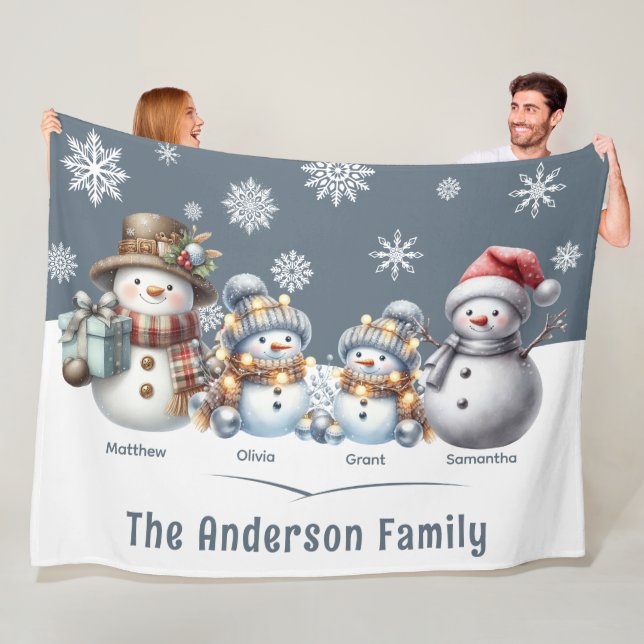Personalized Family Snowman Holiday Fleece Blanket (In Situ)