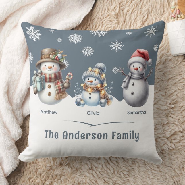 Personalized Family Snowman Holiday Throw Pillow (Blanket)